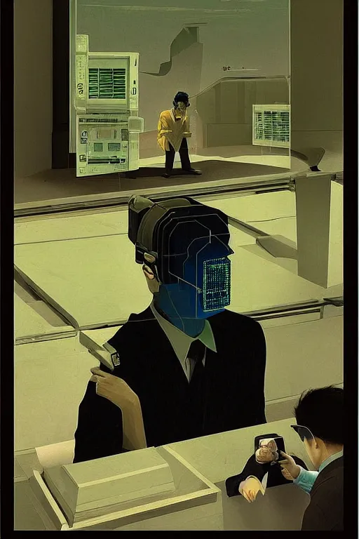 Image similar to North Korean hacker wearing Oculus and digital glitch head Edward Hopper and James Gilleard, Zdzislaw Beksisnski, higly detailed