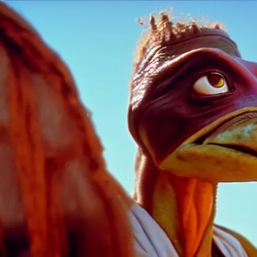 Image similar to film still of jar jar binks as a female cowgirl, long eyeslashes, big juicy lips, big seductive eyes