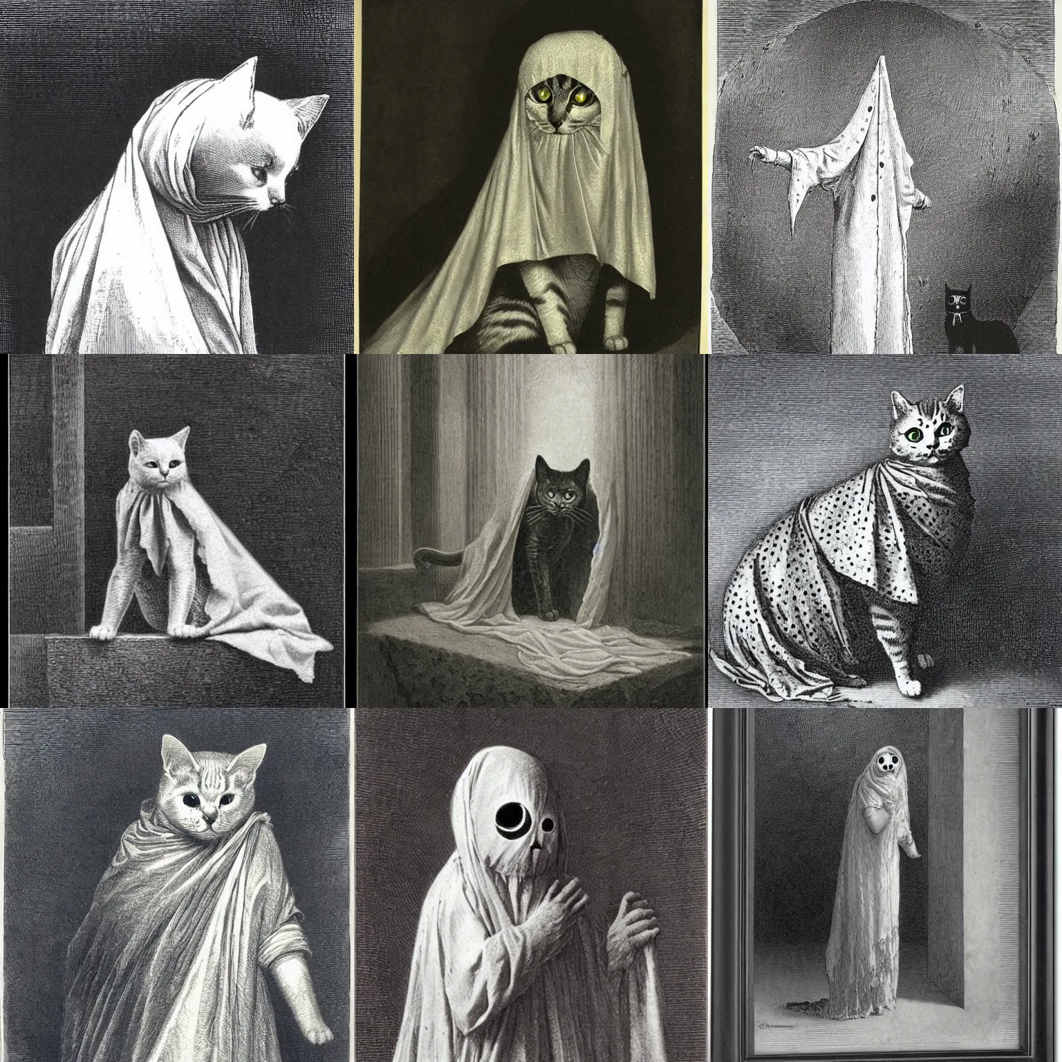 Prompt: a cat wearing a white sheet with holes cut out for eyes like a ghost costume by gustave dore