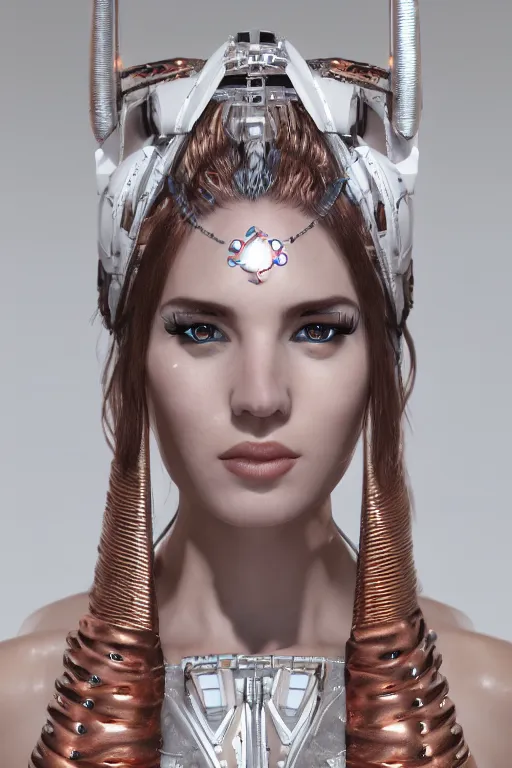 Prompt: white cyborg fashion shot, maasai warriors, copper spiral hair decorations, white elegant baroque design, pretty face, punk hair, photorealistic, 8k, hyper detailed, unreal engine, trending on artstation,