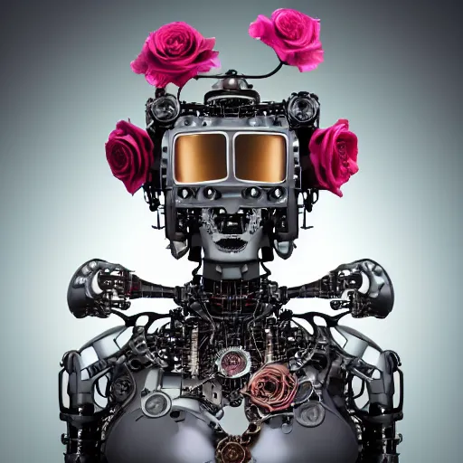 Image similar to a beautiful intricate fine art portrait photo of a a mechanical industrial steampunk cybernetic robot making silly funny faces, by tom bagshaw and zach sutton, roses surrounding the robot, perfection!, milk bath photography, studio lighting, 35mm lens, very detailed, bionic, cybernetic scifi, deep depth of field, artstation, 8K, highly coherent