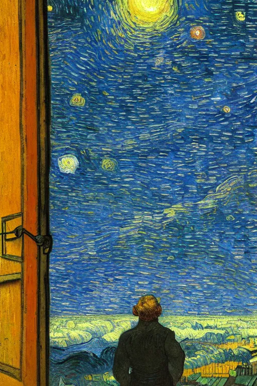 Prompt: a person looking from a window of a space station , colorful, beautiful, national geographic, very detailed, astrophotography, oil painting, canvas, Vincent van Gogh, Caspar David Friedrich, Theodor Kittelsen, Albert Bierstadt