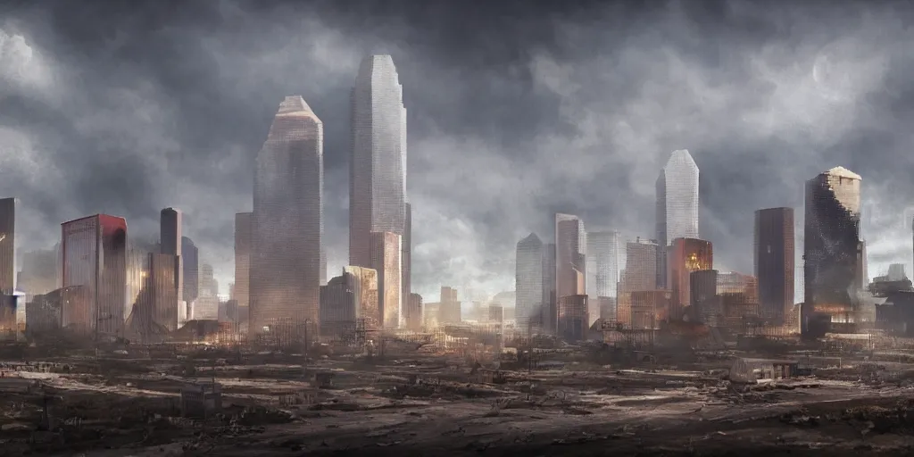 Image similar to Post apocalyptic houston texas matte painting concept art 4k