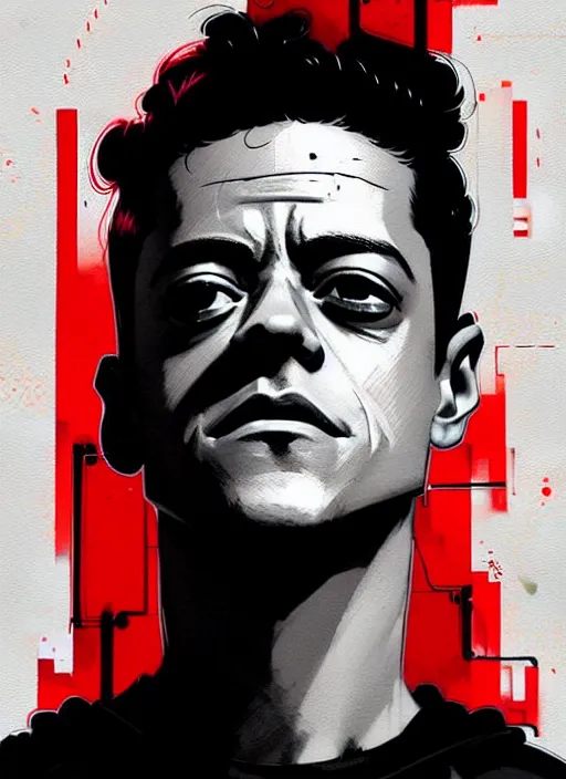 Image similar to highly detailed closeup portrait of rami malek, elliot alderson, black hoody by atey ghailan, by greg rutkowski, by greg tocchini, by james gilleard, by joe fenton, by kaethe butcher, gradient red, black and white color scheme, grunge aesthetic!!! ( ( graffiti tag wall background ) )