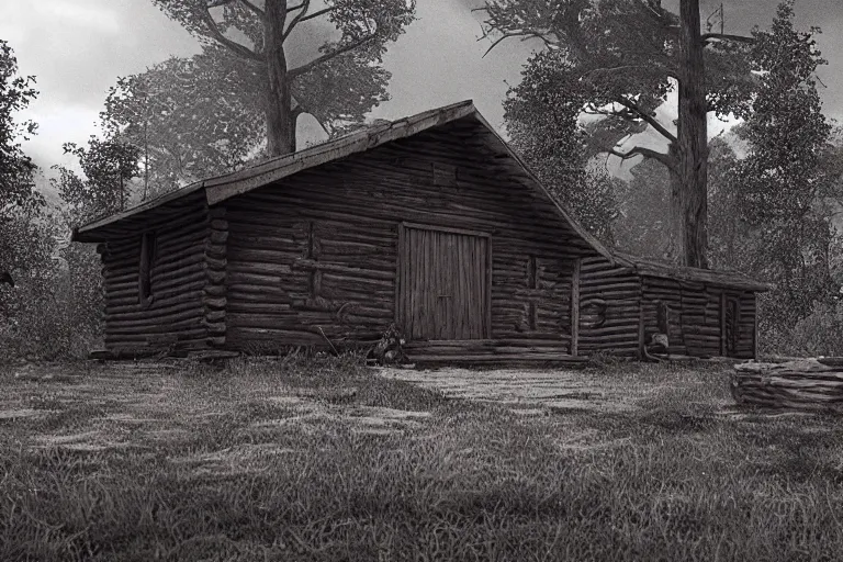 Image similar to cabin in the evil dead ( 1 9 8 1 ), very detailed, octane render, realistic, 8 k, unreal engine 5, dramatic, volumetric, night, dead trees, graves, greg rutkowski