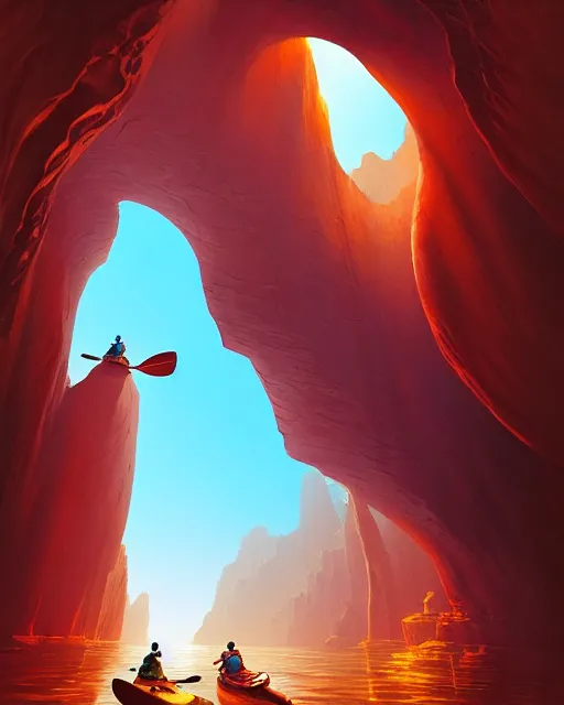 Image similar to kayaking through a narrow canyon dreamscape, fantasy surrealism art by andreas rocha, jacek yerka, artstation