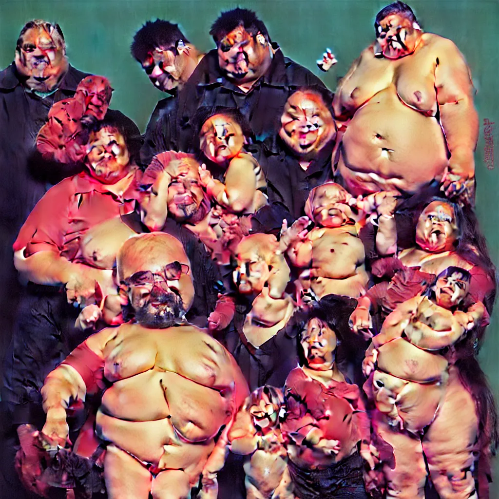 Image similar to sad and disturbing portrait of happy obese american family, vivid colors, neon, art by ( ( ( kuvshinov ilya ) ) ) and wayne barlowe and francis bacon and artgerm and wlop and william - adolphe bouguereau