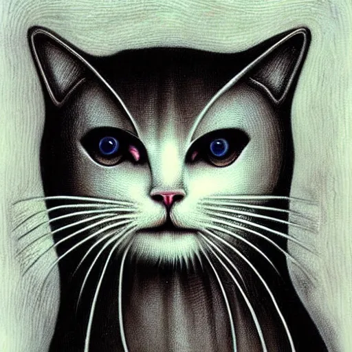 Image similar to white cat, by hr giger!!!