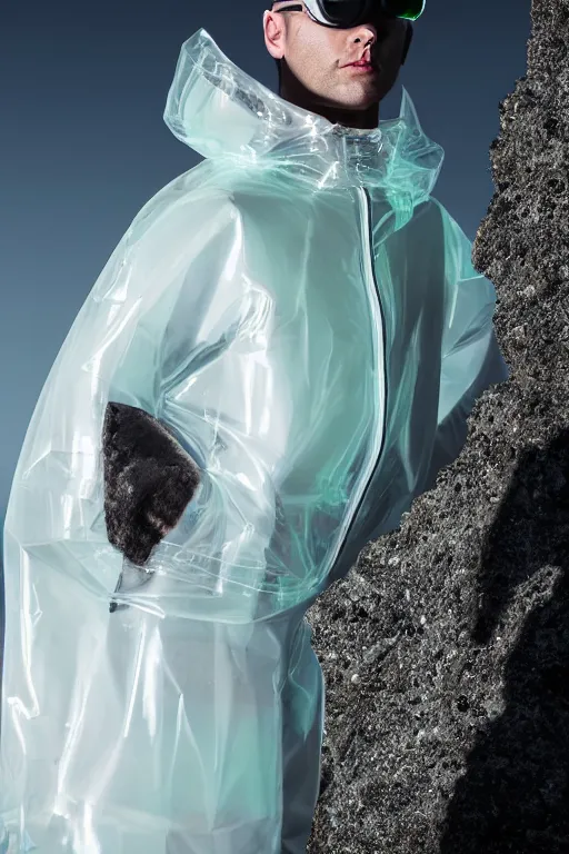 Image similar to an ultra high definition professional high fashion portrait studio full length photograph of a male model wearing a transparent pearlescent raincoat and neon visor in an icelandic black rock environment at dawn. no artefacts. extremely detailed. stark. refraction. shallow depth of field. volumetric light and shadow. ray tracing. light rays.