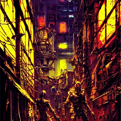 Image similar to cyberpunk knights in an alley of derelict tech, atmospheric lighting, painted, intricate, golden hour, ultra detailed by philippe druillet