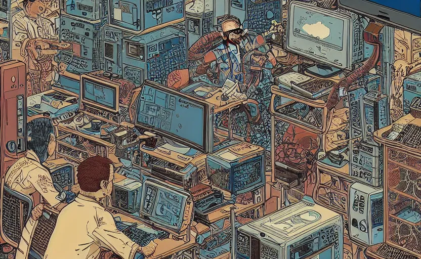 Image similar to hyper-detailed, intricate, illustration of a computer lab scientist discovering AI sentience, cyberpunk, in the style of Geof Darrow