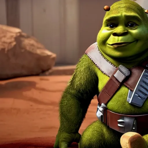 Image similar to a film still of baby shrek in the mandalorian