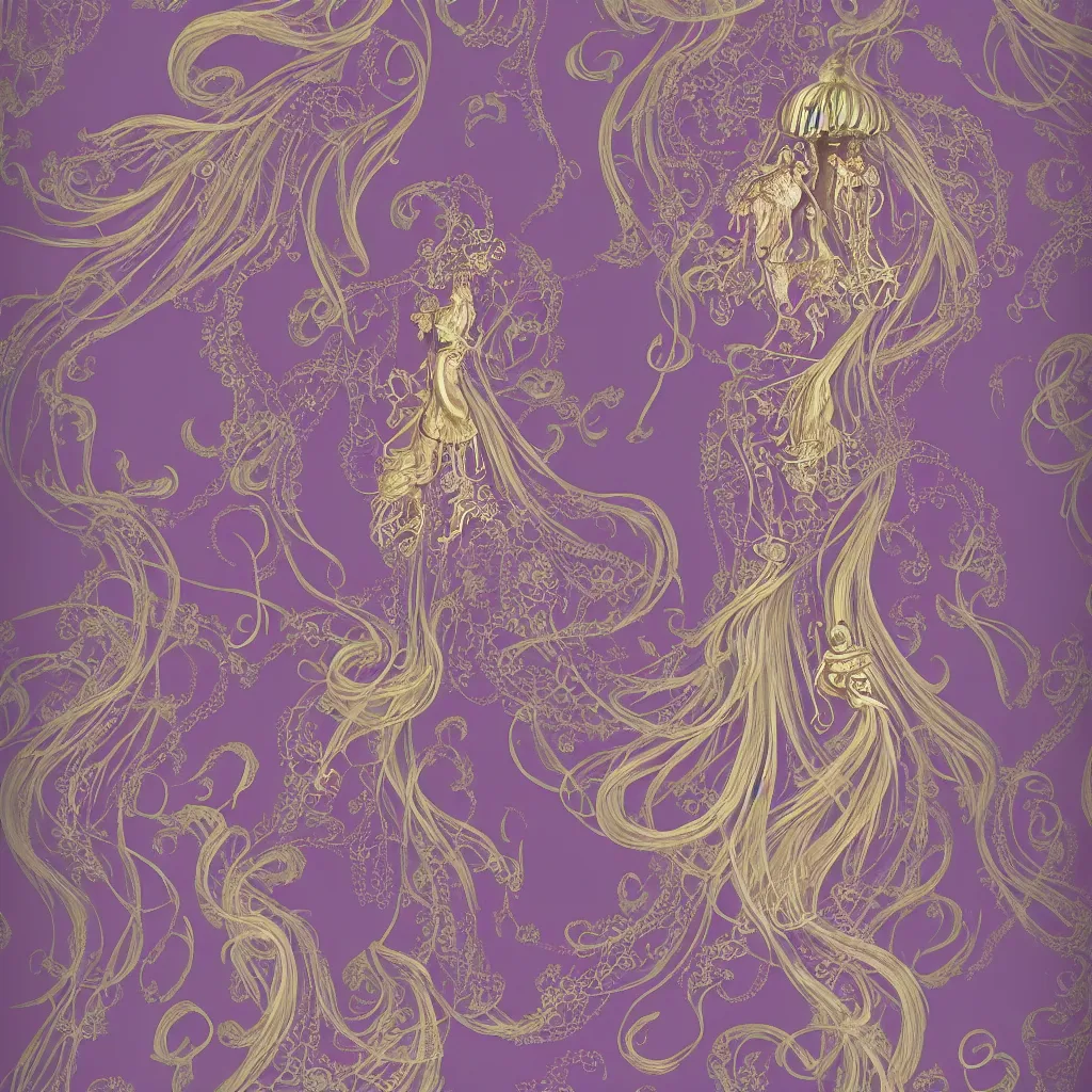 Image similar to purple dress design in the style of rococo ,Victorian era，jellyfish and Goldenlace element,dreamy, soft ,Backlight ,luminescence,Aetherpunk,highly detailed,8k