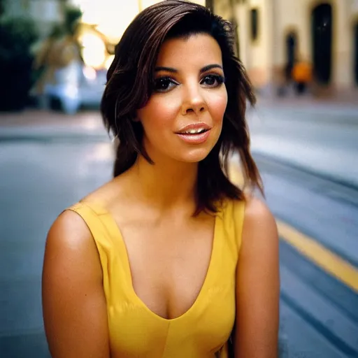 Prompt: close up portrait of a beautiful, attractive brown hair woman, mid-20s, face of Eva Longoria, wearing a yellow sundress, in downtown Los Angeles, Kodak Portra film, film photography, grainy photo