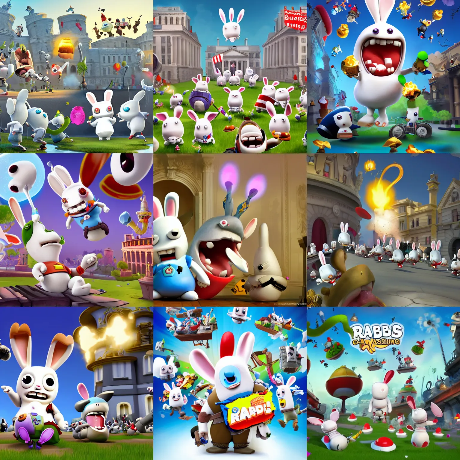 Prompt: rabbids attacking the whitehouse, rayman raving rabbids official game art