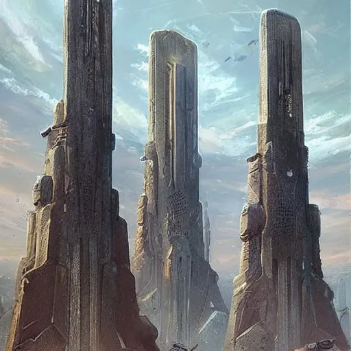 Prompt: pulp fantasy concept art painting of an alien civilisation, sacred monoliths, futuristic, technocracy, shrines, by greg rutkowski and james gurney