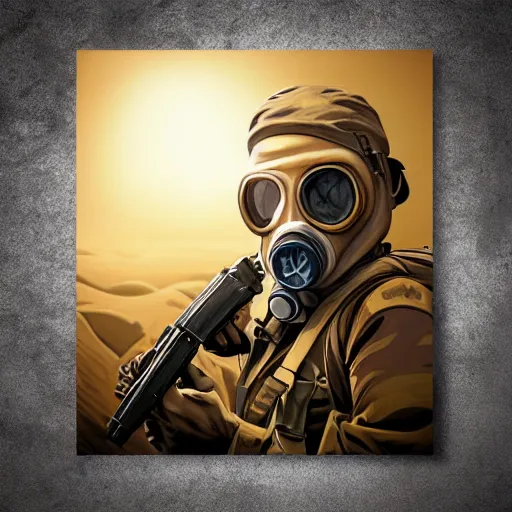 Image similar to portrait artwork of soldier wearing a gas mask holding ak-47. Desert background. Artwork by Dan Mumford, realistic cinematic lighting, ultra detailed, hyper realism