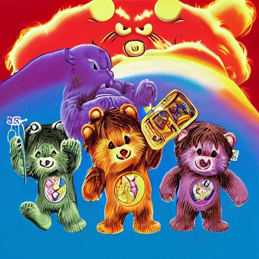 Image similar to the care bears on iron maiden album cover, 8 k resolution hyperdetailed surrealism