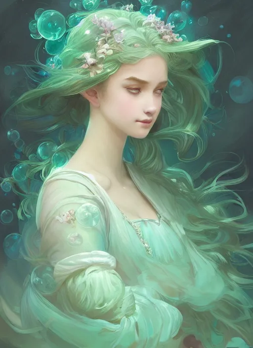 Prompt: portrait of magical young girl, dreamy and ethereal, mint green accents, peaceful expression, ornate frilly dress, fantasy, intricate, elegant, rainbow bubbles, highly detailed, digital painting, artstation, concept art, smooth, sharp focus, illustration, art by artgerm and greg rutkowski and alphonse mucha