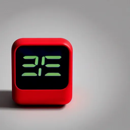 Image similar to Very tiny red alarm clock that looks like the iOS emoji and has the same colors, 3D clay render, 4k UHD, white background, isometric top down left view, diffuse lighting, zoomed out very far