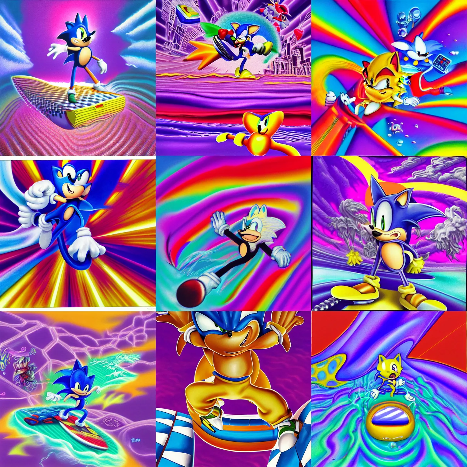 Prompt: surreal, sharp, detailed professional, soft pastels, high quality airbrush art mgmt album cover of a liquid dissolving airbrush art lsd dmt sonic the hedgehog surfing through cyberspace, purple checkerboard background, 1 9 9 0 s 1 9 9 2 sega genesis rareware video game album cover