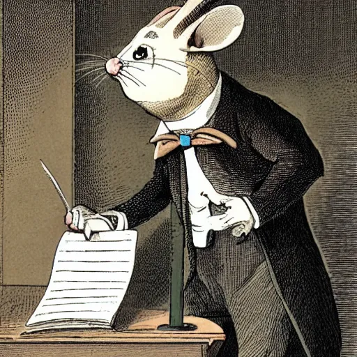 Prompt: templeton the rat as an 1800s barrister arguing his case in a stuffy courtroom