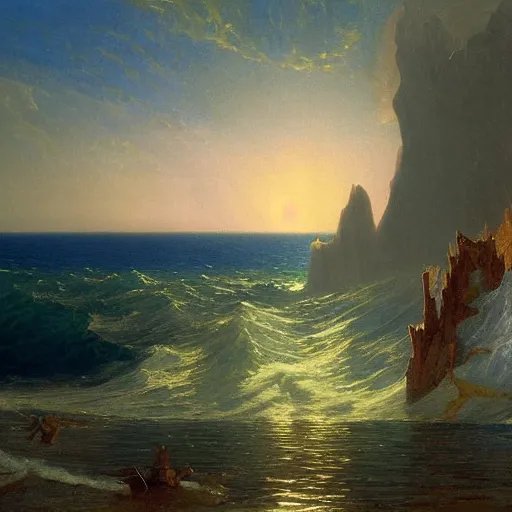 Prompt: charm'd magic casements opening on the foam of perilous seas, in Faerie lands forlorn, by Albert Bierstadt and James Gurney, 4k, aesthetic