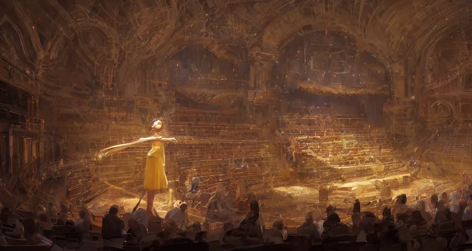 Prompt: craig mullins and ghibli digital art of inside the theater, on the stage, masked female violinists, exotic costumes, gold jewelry, black hair, solo performance unreal engine, hyper realism, realistic shading, cinematic composition, realistic render, octane render, detailed textures, photorealistic, wide shot