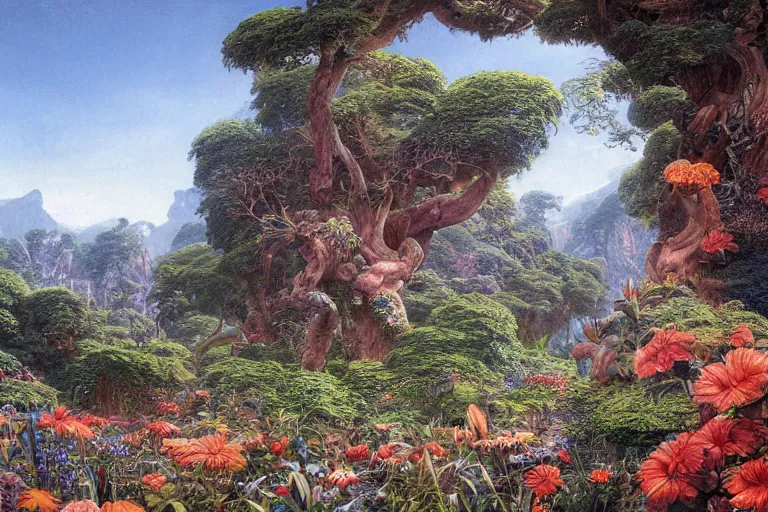 Image similar to hyperdetailed painting of the garden of eden, epic, rendered in octane, painted by alan lee, moebius, giovanni ghisolfi and jan baptist