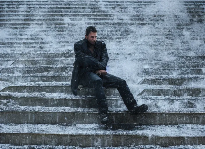 Image similar to bladerunner 2049 man lying on concrete stairs, snowing snowy stairs. sad melancholic scene. 65mm camera uncropped man centered.