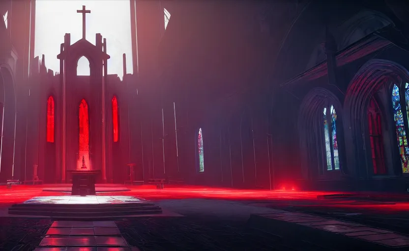Image similar to symmetrical, ancient church of worship with red shafts of light in destiny 2, foggy, liminal, dark, dystopian, beautiful architecture, abandoned, highly detailed 4 k 6 0 fps destiny 2 expansion promotional poster, reveal image gameinformer