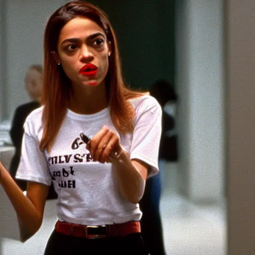 Image similar to Alexandria Ocasio Cortez wearing Tax the Rich tee shirt in American Psycho (1999)