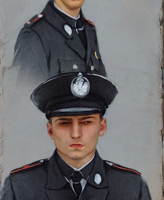 Image similar to portrait of a handsome young german policeman in berlin, art by denys tsiperko and manuel sanjulian and bogdan rezunenko, hyperrealism