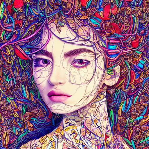 Image similar to the portrait of a beautiful and elegant young woman made up of peppers, an ultrafine detailed illustration by james jean, intricate linework, bright colors, final fantasy, behance contest winner, vanitas, angular, altermodern, unreal engine 5 highly rendered, global illumination, radiant light, detailed and intricate environment