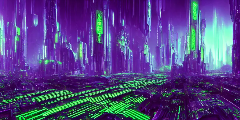 Image similar to a landscape view of a cybernetic cathedral overlooking an higway made of rows of glowing green codes and symbols, cyberpunk, beautiful detailed, cinematic, strong lighting, hi - fructose art magazine, photorealistic, 8 k, gradient cyan to purple, by paul lehr and david heskin