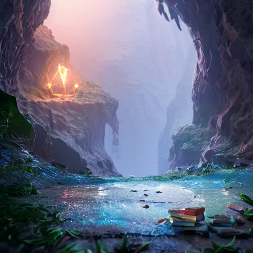 Image similar to books cave, 3 d render, incredible details, highly detailed, photorealistic, disney pixar, smooth, octane render, iridescent, 8 k