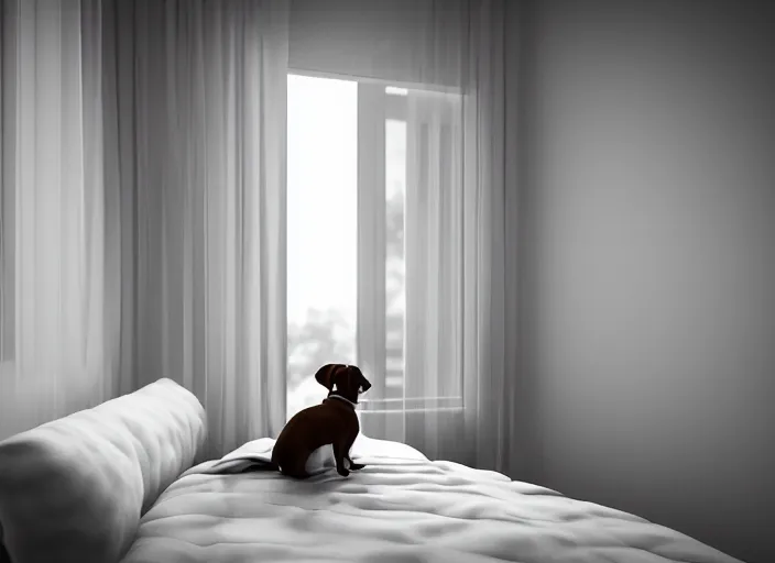 Image similar to photography of a Jack Russel watching outside the window on a bed in a 3d rendered white room, octane render, 3d, foggy, volumetric light, volumetric fog, photorealistic, unreal engine 5