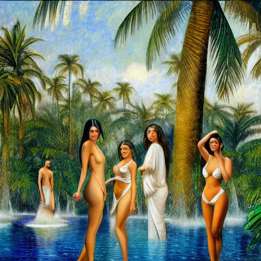 Image similar to a ultradetailed beautiful painting of the kardashians standing in front of the diamonds waterfall in the amazonas palace balustrade designed by jules bastien - lepage, tarsila do amaral, frank weston and gustave baumann, beach, trending on artstation, mediterranean, palm trees, sharp focus, soft light, 8 k 4 k