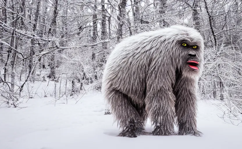 Image similar to hyperrealistic photograph of a yeti with glowing red eyes full body in snow covered woods