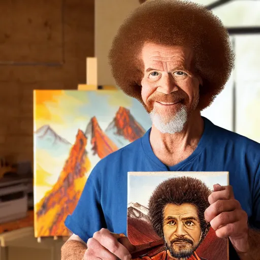 Prompt: a closeup photorealistic photograph of bob ross holding a paintbrush and diligently finishing a canvas painting depicting iron man. mountains and trees. film still. brightly lit scene. this 4 k hd image is trending on artstation, featured on behance, well - rendered, extra crisp, features intricate detail, epic composition and the style of unreal engine.