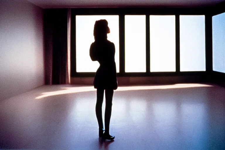 Image similar to backlit photograph of awestruck young woman standing in front of tall black box radiating esoteric energy in suburban living room, crisp focus, highly detailed, in nicolas roeg style, 3 5 mm ektachrome