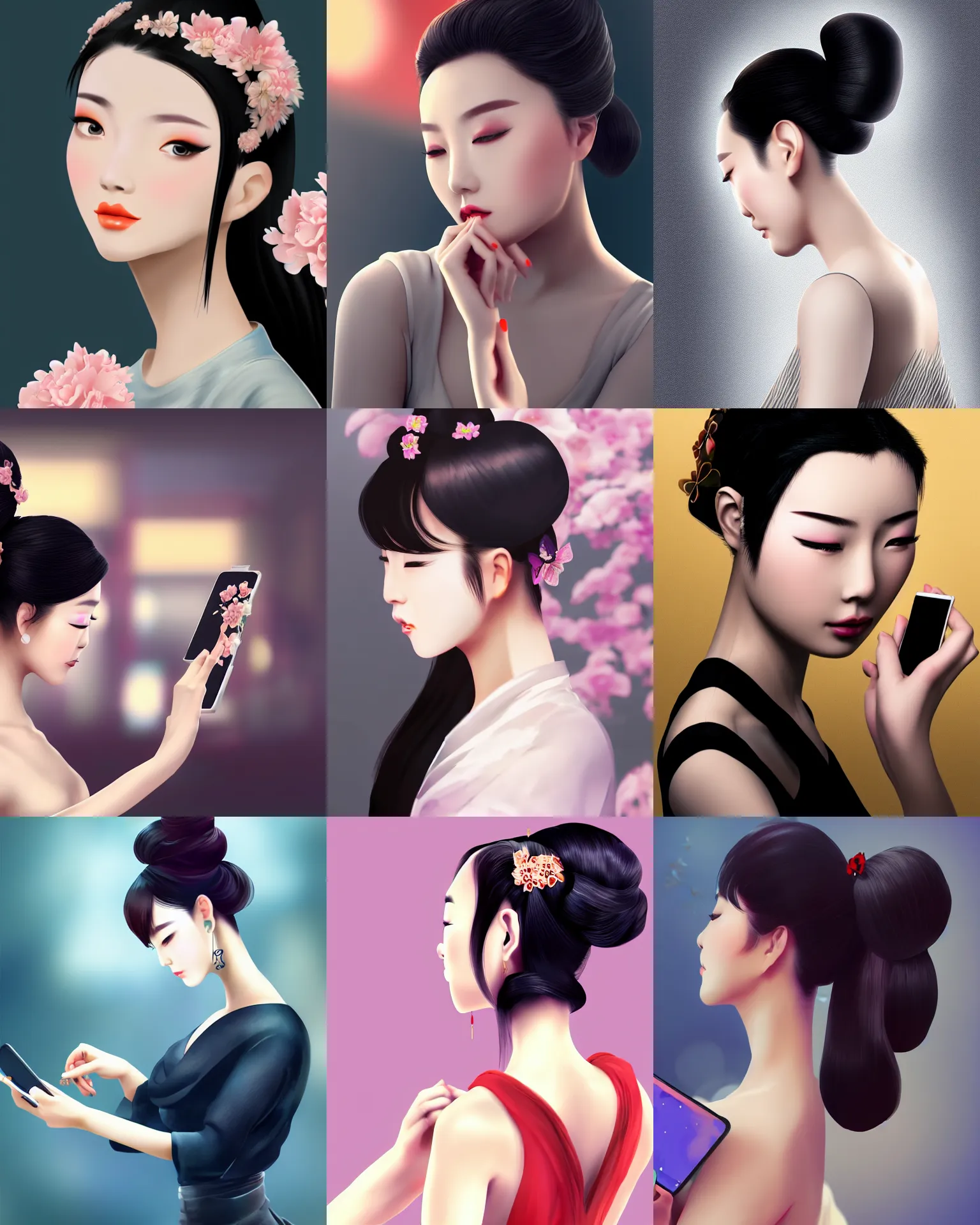 Prompt: chinese beauty with chignon using mobile phone facing the computer display, full body, wide angle lens, bokeh, artstation