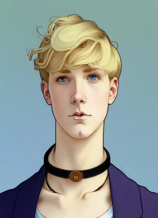 Image similar to art nouveau portrait of a pretty young man with short blond hair, light blue eyes, sad expression, scared, head down, shy and demure, wearing a choker collar, natural lighting, path traced, highly detailed, high quality, cartoon, digital painting, by don bluth and ross tran and studio ghibli and alphonse mucha