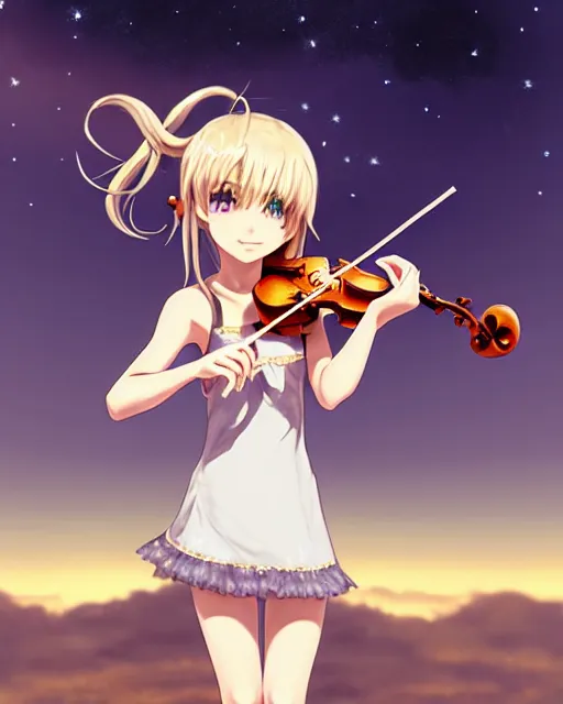 Image similar to chibi, cute, female, full body, elf girl with white skin and golden long wavy hair, holding a violin and playing a song, stunning art style, filters applied, lunar time, night sky, trending art, sharp focus, centered, landscape shot, fate zero, simple background, studio ghibly makoto shinkai yuji yamaguchi, by wlop