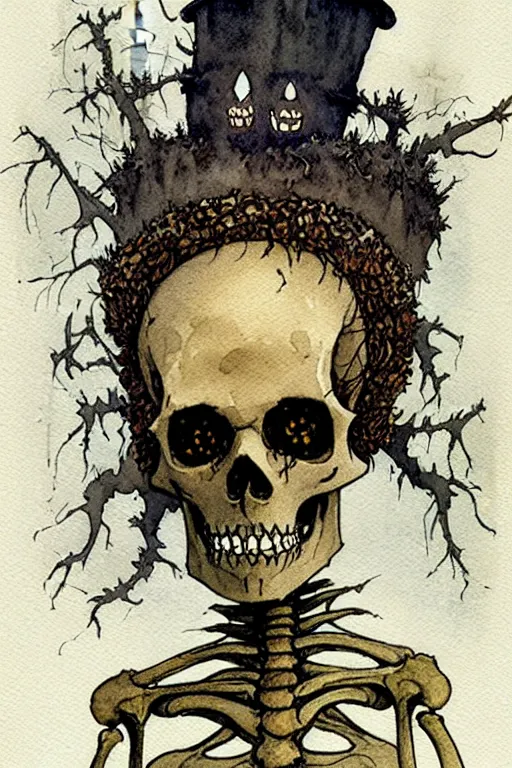 Image similar to a simple and atmospheric watercolour portrait of a skeleton king on halloween, very muted colors, by rebecca guay, michael kaluta, charles vess and jean moebius giraud