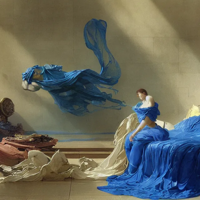 Prompt: gardens of marble draped in flowing sheets of cobalt blue gold silver satin, by ivan aivazovsky syd mead moebius roger dean donato giancola yoshitaka amano pieter claesz jan de heem paul delaroche alma tadema aelbert cuyp willem claesz beksinski august malmstrom, hyperrealistic, volumetric light, render