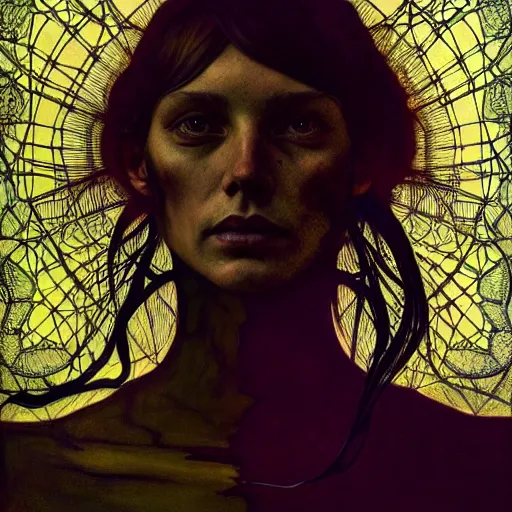 Image similar to symmetry!! portrait of a silhouette of a woman in the world of andrew wyeth, psychedelic, horror, fashion, dark!! intricate, elegant, highly detailed, digital painting, artstation, concept art, smooth, sharp focus, illustration, art by artgerm and greg rutkowski and alphonse mucha