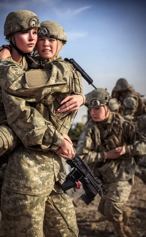 Prompt: female soldier grabbing a squad mate to the helicopter for the extraction while under heavy fire from the locals, highly detailed, high resolution, war footage, stunning, real sunset, girls frontline style, bokeh soft, 100mm, trending on instagram, photo by steve mccurry, realistic human anatomy, realistic military carrier, soldier clothing, modern warfare, realistic guns