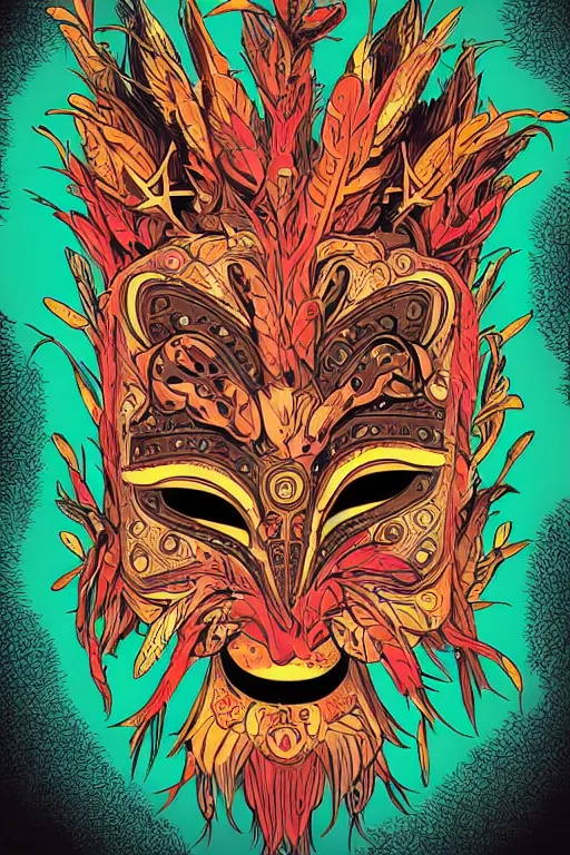 Image similar to animal mask totem roots flower tribal feather gemstone plant wood rock shaman vodoo video game vector cutout illustration vivid multicolor borderlands comics by josan gonzales and dan mumford radiating a glowing aura