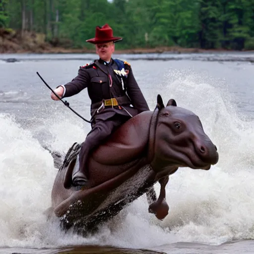 Image similar to a mountie riding on a hippo